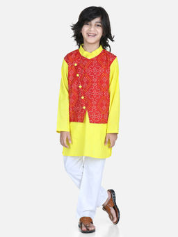 BownBee - Boys Cotton Attached Floral Jacket Kurta Pajama Yellow (Set of 3)