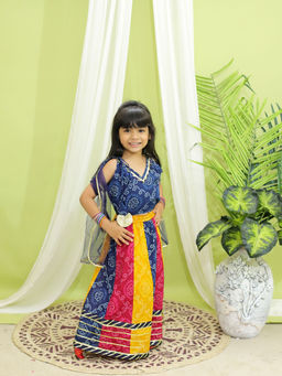 BownBee - Bandhani Kali Lehenga with Choli and Dupatta for Girls Blue (Set of 3)