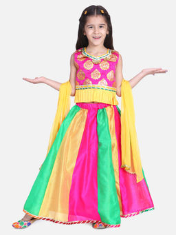 BownBee - Girls Kali Lehenga with Sleeveless Choli & Dupatta Pink (Set of 3)