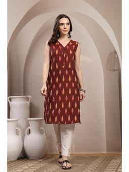 Zelena - Maroon Yellow Ikat Print Sleeveless Maternity Kurta