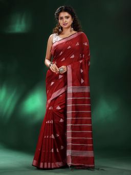 CHARUKRITI - Red Blended Cotton Handwoven Zari Border Saree with Unstitched Blouse
