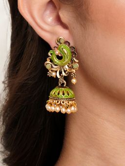 Karatcart - Antique Gold Plated Light Green Stone with Meena Jhumki Earrings for Women