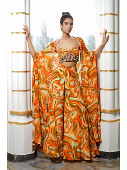 Ahi Clothing - Multicolor Abstract Wave Top with Palazzo and Shrug (Set of 3)