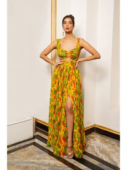 Ahi Clothing - Multicolor Ginger Flower Long Indo Lehenga with Bustier (Set of 2)