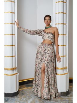 Ahi Clothing - Cream Floral One Shoulder Lehenga with Blouse (Set of 2)
