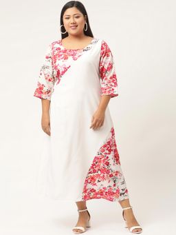 theRebelinme - Plus Size Womens White & Red Floral Crepe A-Line Midi Dress