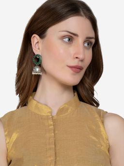Shoshaa - Silver-Plated Green-Black Color Oxidised Jhumkas Earrings