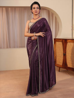 Libas - Burgundy Embellished/Sequined Silk Blend Saree with Unstitched Blouse