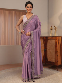 Libas - Purple Embellished/Sequined Chiffon Saree with Unstitched Blouse