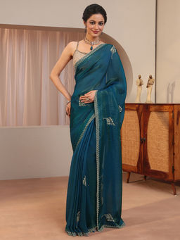Libas - Blue Embellished/Sequined Tissue Saree with Unstitched Blouse