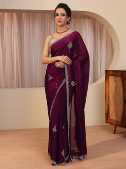 Libas - Burgundy Embellished/Sequined Tissue Saree with Unstitched Blouse