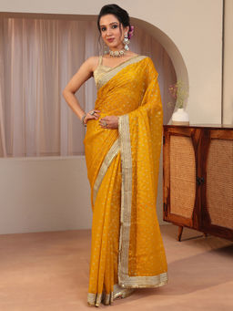 Libas - Mustard Gota Tissue Saree with Unstitched Blouse