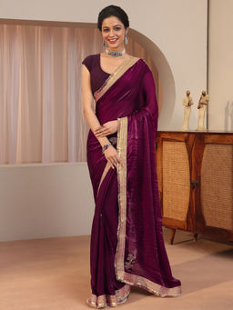 Libas - Burgundy Embellished/Sequined Tissue Saree with Unstitched Blouse