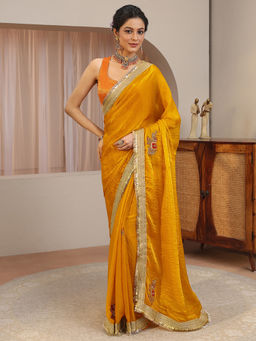 Libas - Mustard Embellished/Sequined Tissue Saree with Unstitched Blouse
