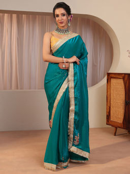 Libas - Blue Embellished/Sequined Tissue Saree with Unstitched Blouse