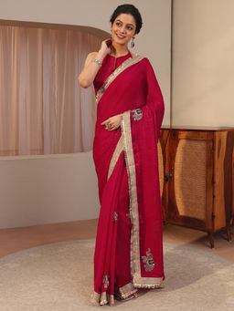 Libas - Red Embellished/Sequined Tissue Saree with Unstitched Blouse