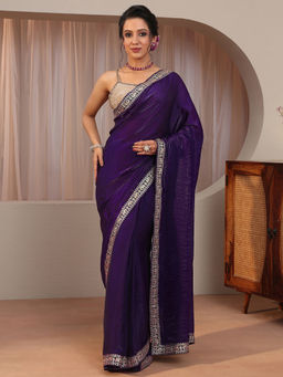 Libas - Purple Embellished/Sequined Tissue Saree with Unstitched Blouse