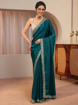 Libas - Blue Embellished/Sequined Tissue Saree with Unstitched Blouse