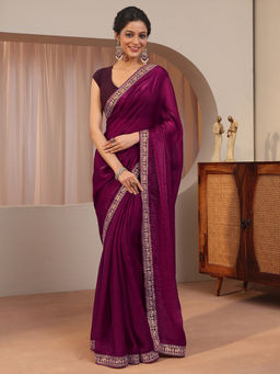 Libas - Burgundy Embellished/Sequined Tissue Saree with Unstitched Blouse
