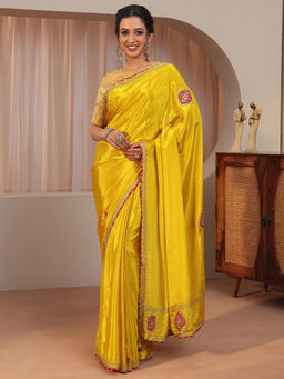 Libas - Mustard Embellished/Sequined Chiffon Saree with Unstitched Blouse