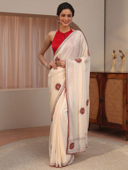 Libas - Cream Embellished/Sequined Chiffon Saree with Unstitched Blouse