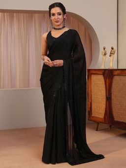 Libas - Black Embellished/Sequined Chiffon Saree with Unstitched Blouse