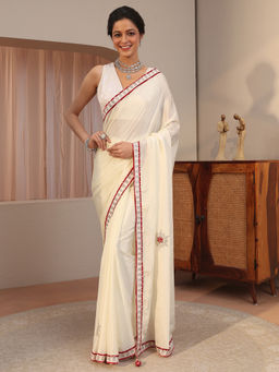Libas - Cream Embellished/Sequined Chiffon Saree with Unstitched Blouse
