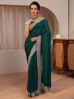 Libas - Green Embellished/Sequined Tissue Saree with Unstitched Blouse
