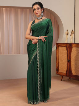 Libas - Green Embellished/Sequined Tissue Saree with Unstitched Blouse
