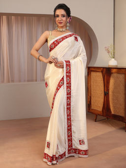 Libas - Cream Printed Chiffon Saree with Unstitched Blouse