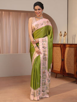 Libas - Green Beads and Stones Chiffon Saree with Unstitched Blouse
