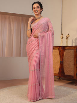 Libas - Peach Beads and Stones Chiffon Saree with Unstitched Blouse