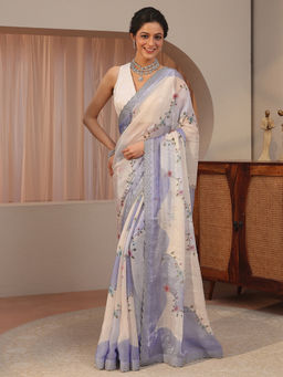 Libas - Lavender Beads and Stones Tissue Saree with Unstitched Blouse