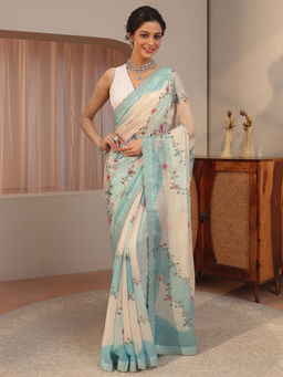 Libas - Blue Beads and Stones Tissue Saree with Unstitched Blouse