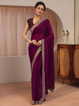 Libas - Burgundy Embellished/Sequined Tissue Saree with Unstitched Blouse