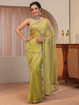 Libas - Green Embellished/Sequined Tissue Saree with Unstitched Blouse