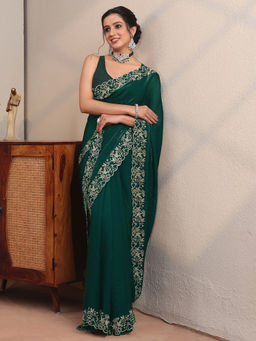 Libas - Green Beads and Stones Tissue Saree with Unstitched Blouse