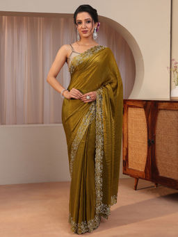 Libas - Olive Beads and Stones Tissue Saree with Unstitched Blouse