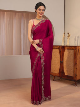 Libas - Pink Beads and Stones Tissue Saree with Unstitched Blouse