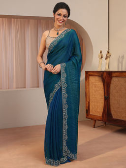 Libas - Blue Beads and Stones Tissue Saree with Unstitched Blouse