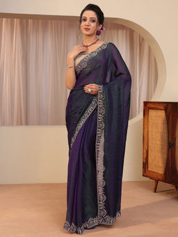Libas - Purple Beads and Stones Tissue Saree with Unstitched Blouse