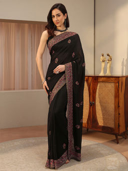 Libas - Black Embellished/Sequined Silk Blend Saree with Unstitched Blouse