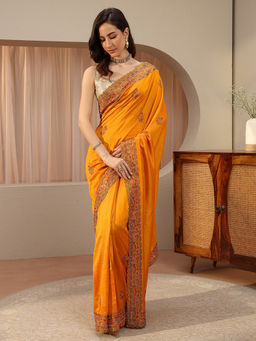 Libas - Mustard Embellished/Sequined Silk Blend Saree with Unstitched Blouse