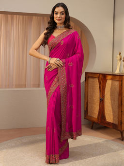 Libas - Pink Embellished/Sequined Silk Blend Saree with Unstitched Blouse
