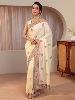 Libas - Cream Embellished/Sequined Silk Blend Saree with Unstitched Blouse