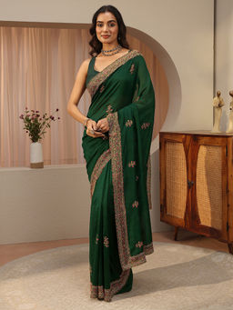 Libas - Green Embellished/Sequined Silk Blend Saree with Unstitched Blouse