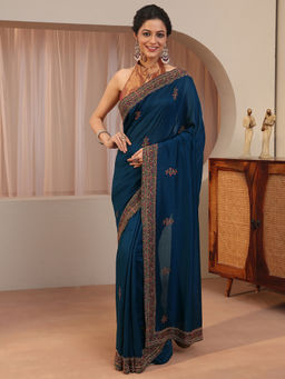 Libas - Blue Embellished/Sequined Silk Blend Saree with Unstitched Blouse