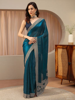 Libas - Blue Embellished/Sequined Tissue Saree with Unstitched Blouse