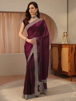 Libas - Burgundy Embellished/Sequined Tissue Saree with Unstitched Blouse