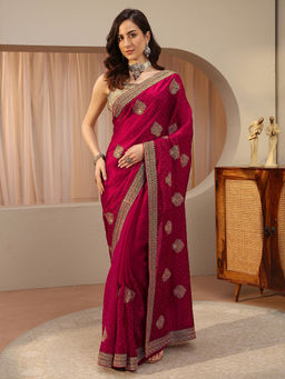 Libas - Pink Beads and Stones Tissue Saree with Unstitched Blouse